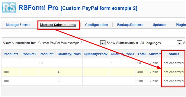 RSForm!Pro Paypal payment confirmation - manage submissions